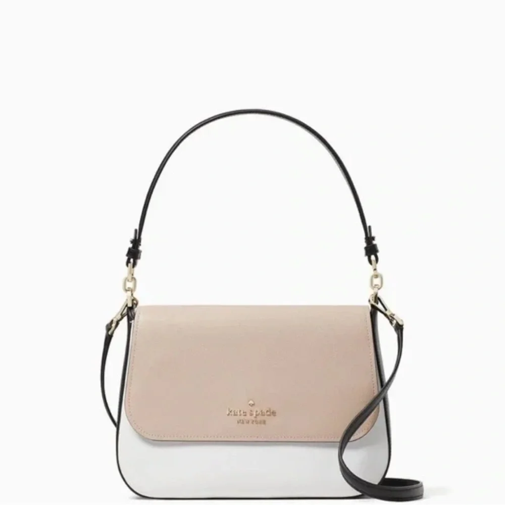 Kate Spade Staci Colorblock Saffiano Leather Flap Shoulder Bag Warm Beige Multi - Picture 1 of 3